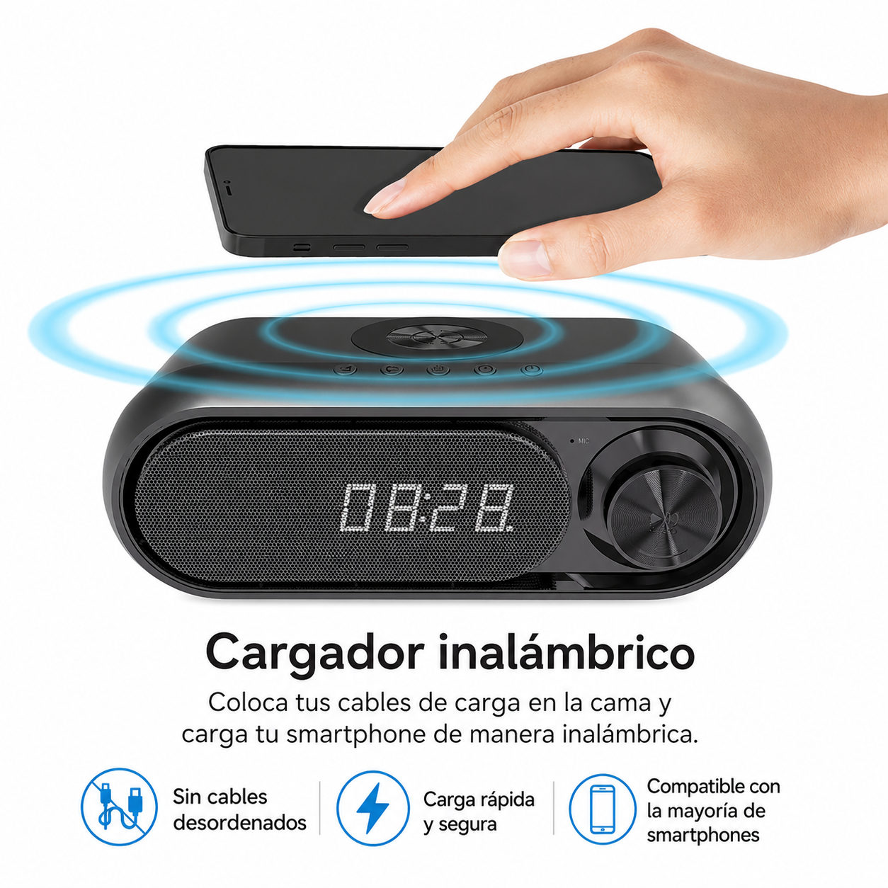 Reloj de Mesa Premium con Pantalla LED, Bluetooth y Carga Inalámbrica