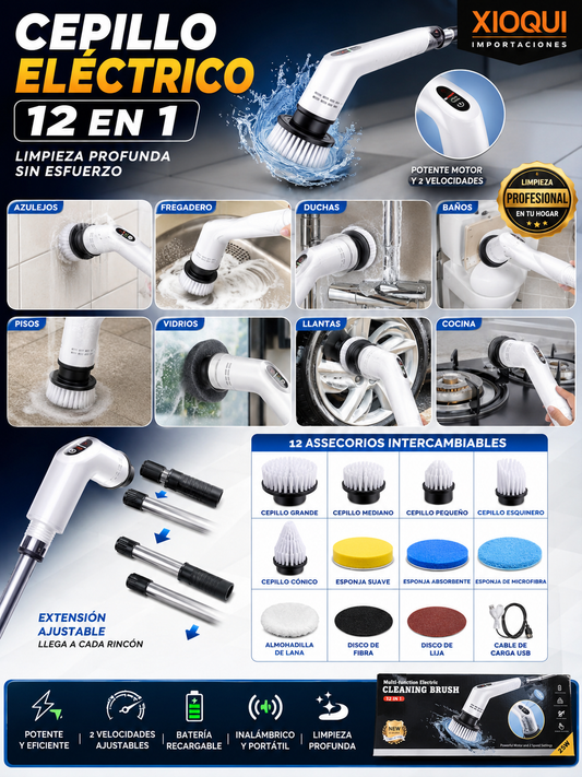Cepillo Eléctrico Multifuncional 12 en 1 para Baño, Cocina, Pisos y Más